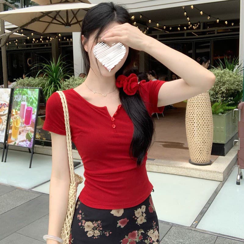 Half Open Collar Short-Sleeved T-Shirt for Women Summer 2025 New Design Slim Fit Right Shoulder Pure Color Short-Sleeved Top