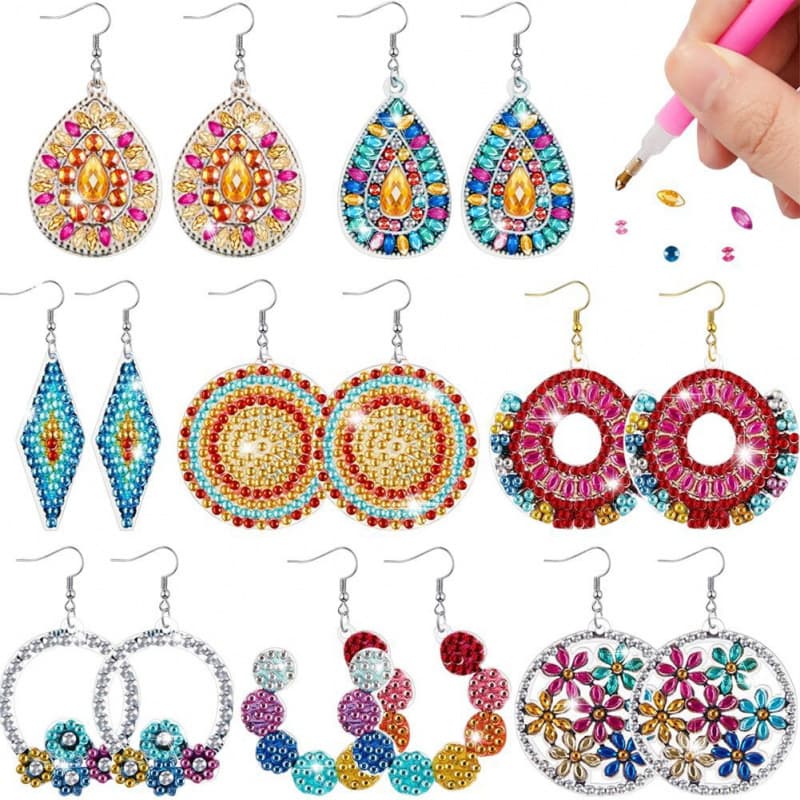 5D Cross-border New Arrival 8-Piece Diamond Painting Flower Pendant Earring Making Kit with Colorful Crystal Rhinestone Pendants, Factory Direct