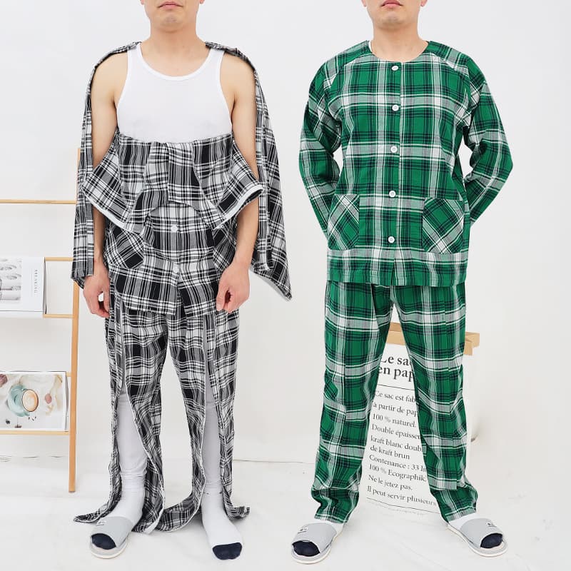 Spring/Summer Men's Pure Cotton Easy-On/Off Caregiver Pajamas for Bedridden Elderly, Hand and Leg Injury, Fracture Patients