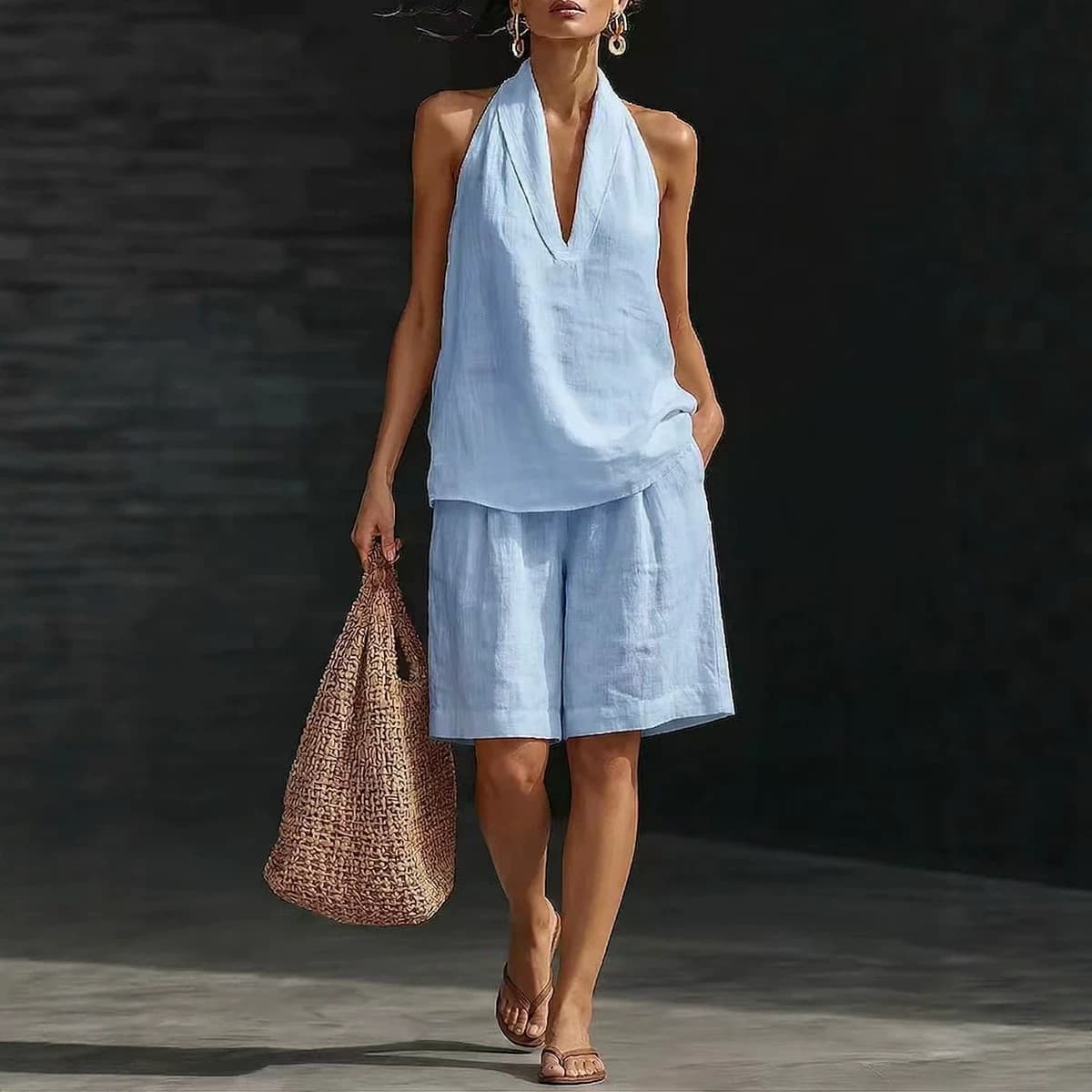 European and American summer cotton and linen casual suits for women, sleeveless vest + shorts two-piece set, linen resort style fashion suit