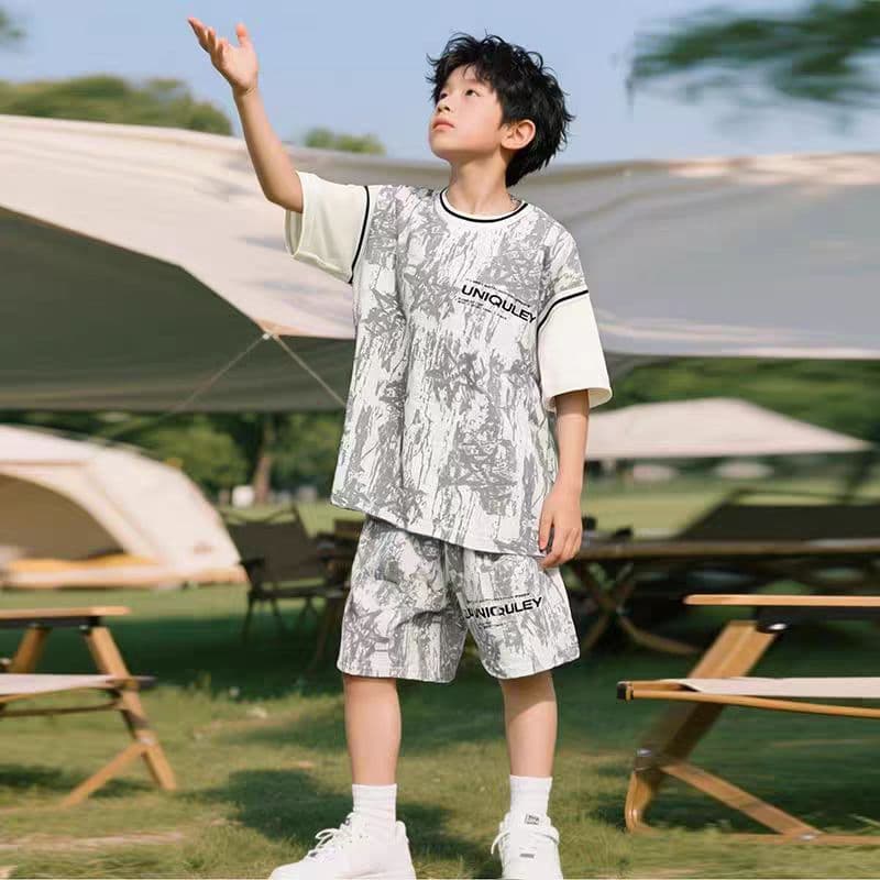 Beikefei Boys Summer Ice Silk Quick-Dry Sports Set 2026 Older Kids Short Sleeve Shorts Two-Piece Set