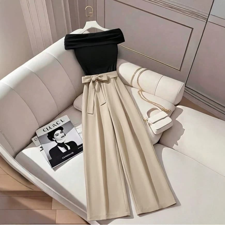 Off-Shoulder Wide Leg Jumpsuit, High-Waist Belted Office Wear, Crossborder Style