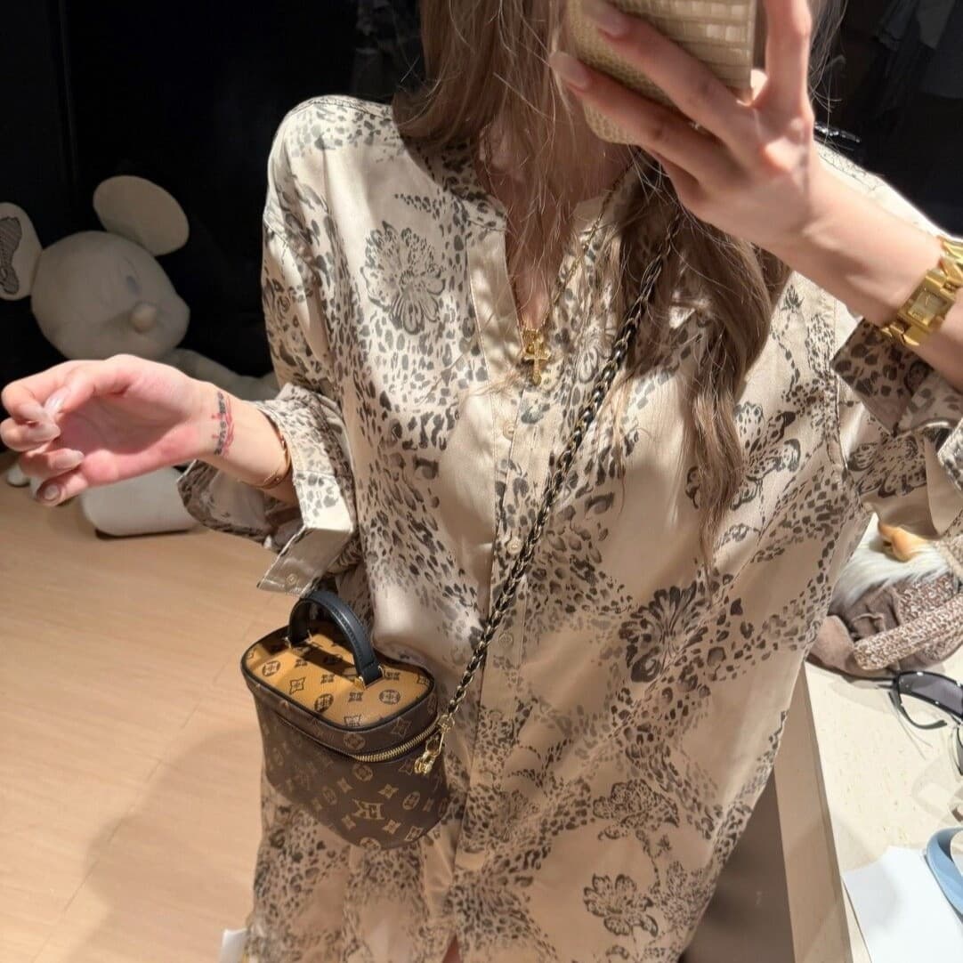 Women's Spring/Summer New Champagne Leopard Print Slimming Long Nightgown Loungewear Shirt Style