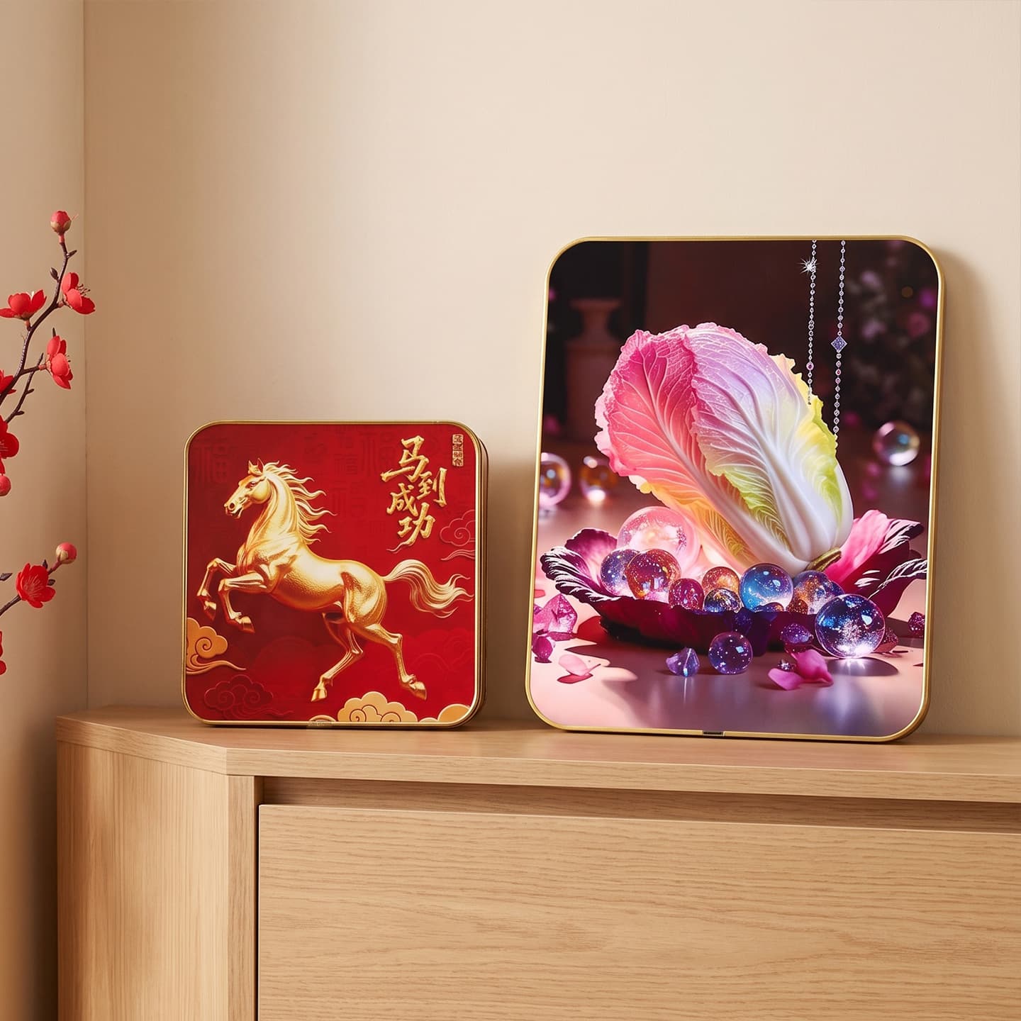Red Chinese Blessing Decorative Wooden Photo Frame Ornament Auspicious Text Display for Living Room Entryway Tabletop Wealth Decor