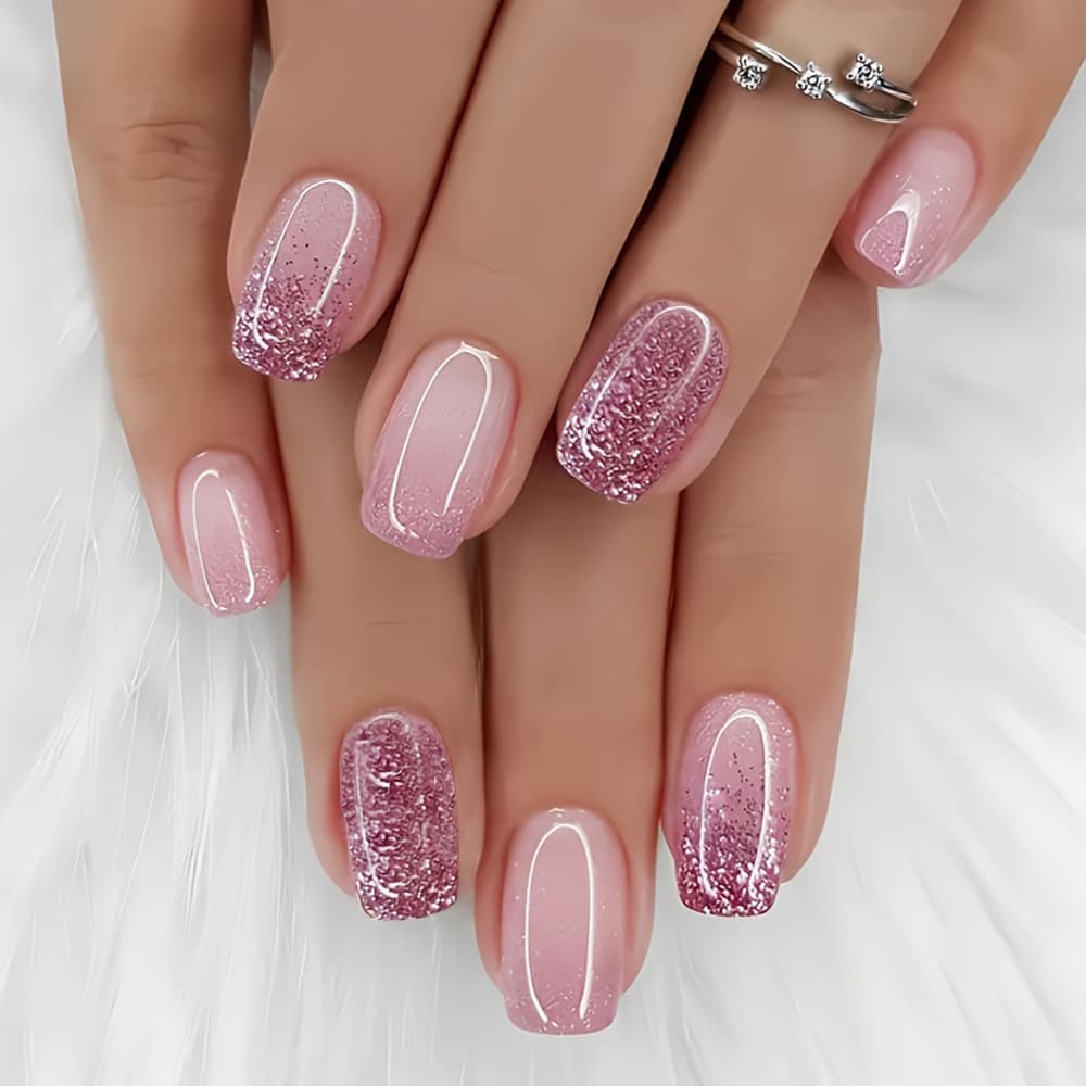Cross-border popular wearable nail patches, sparkling pink gradient European square manicure, hot girl dreamy fake nail patches