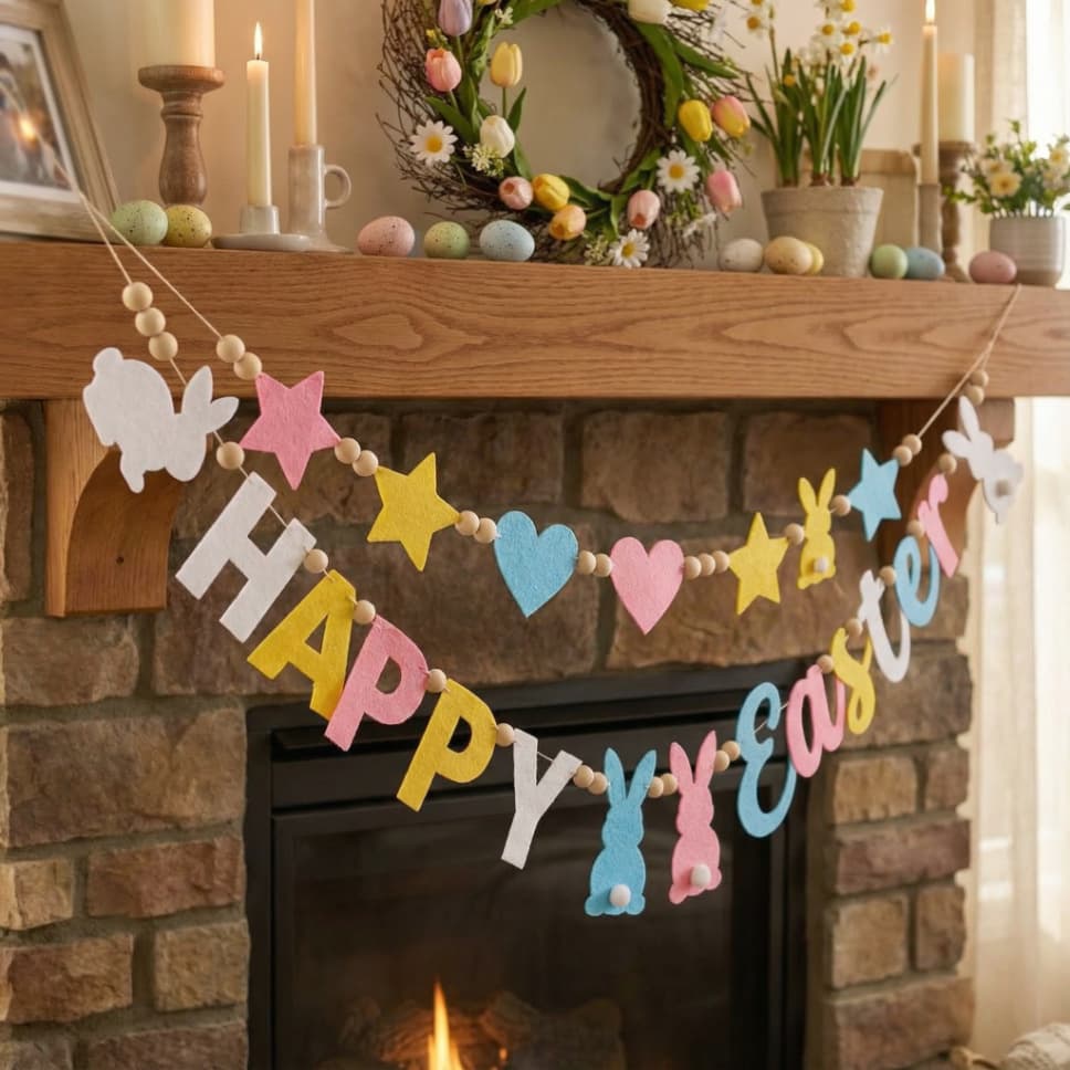 Cross-border Exclusive Easter Felt Banner Happy Easter Rabbit Star Letter Wood Bead Fireplace Decoration