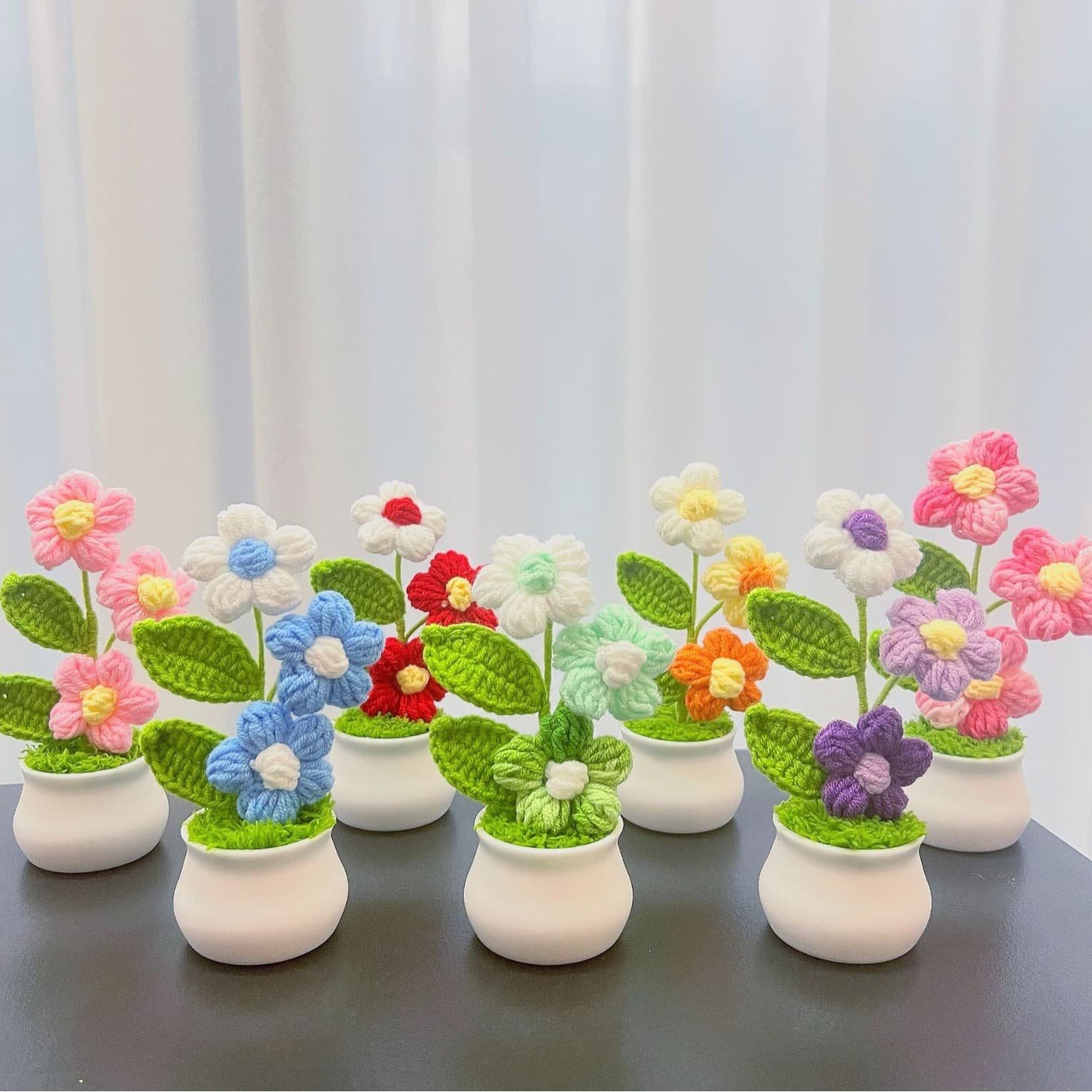 Cross-border Finished Crochet Potted Puff Tree, Hand-knitted Mini Plant for Office/Car Decor, Small Gift