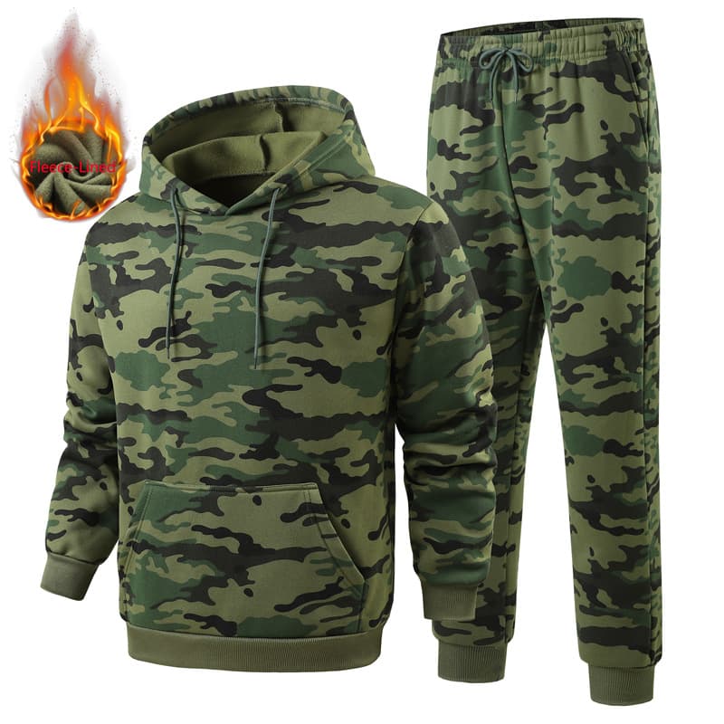 New autumn and winter suit plus velvet camouflage sweatshirt and trousers two-piece set for men sports European and American cross-border hooded suit for men