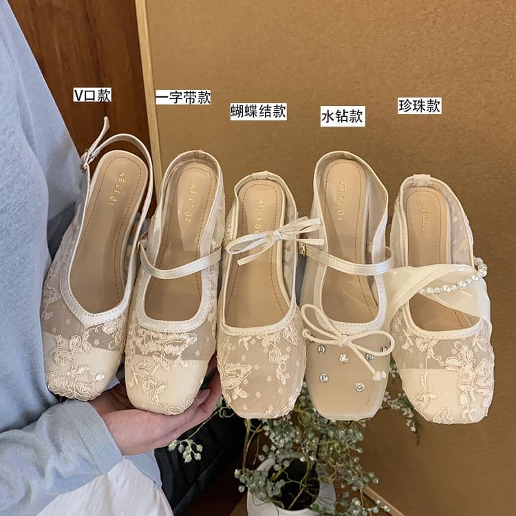 Inner heightening apricot bow mesh embroidered Baotou half slippers for women's outer wear new ballet style Mary Jane slippers