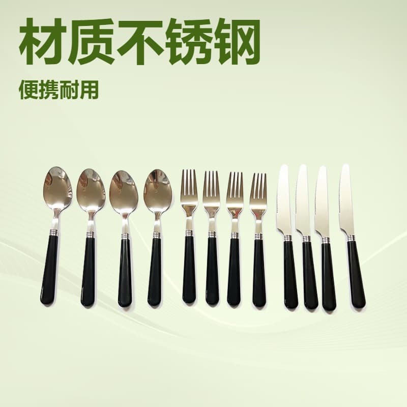 Black plastic spoon handle picnic cutlery knife, fork and spoon 3-piece set 430 stainless steel knife manufacturer supplies portable