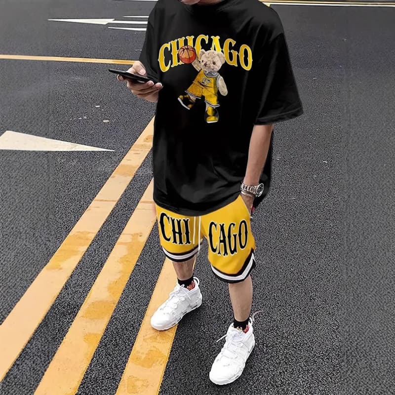 Cross-border High-definition 3D Digital Print Hot-selling Set Fashion Short Sleeve T-shirt and Pants Loose Men's Jogging Two-piece Set