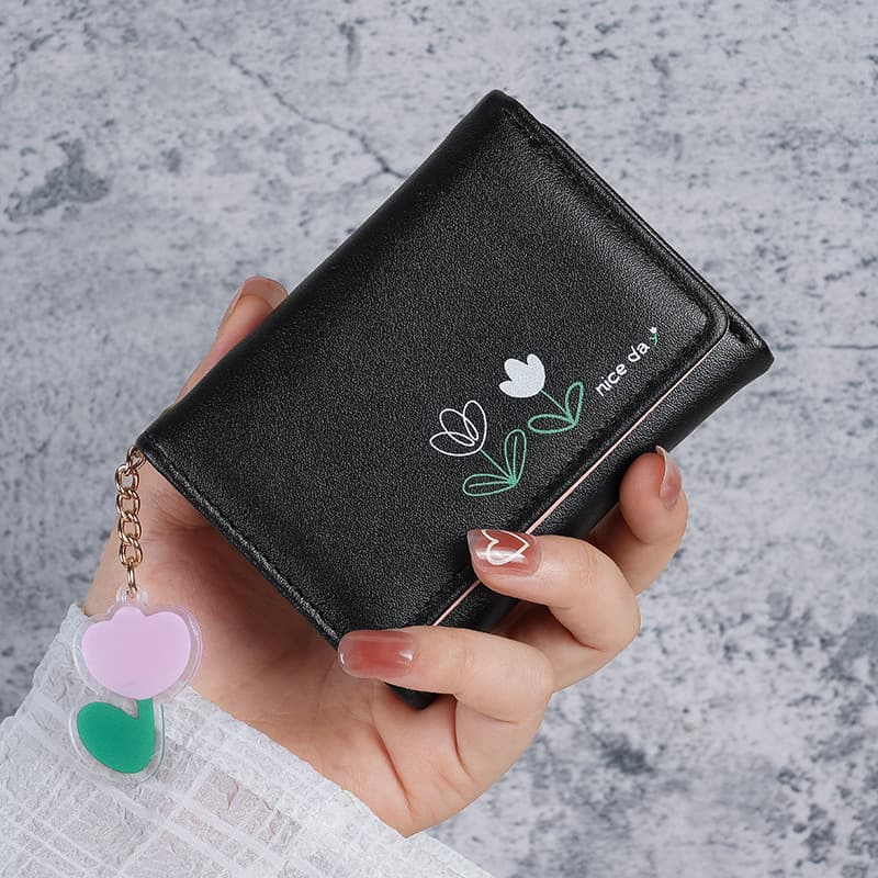 2024 New Small Wallet Women's Short Three-fold Solid Color Simple Print Cute and Fresh Student Folding Wallet Card Holder