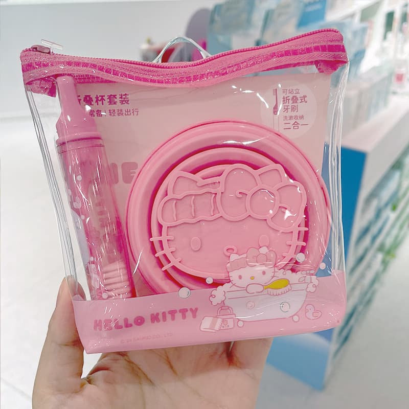 Miniso Style Sanrio Folding Cup & Toothbrush Set Travel Portable Toothbrush Cup Storage Bag
