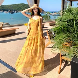 French Vacation Style Yellow Gradient Ribbon V-Neck Slimming Dress with Backless A-Line Maxi Dress for Women Summer