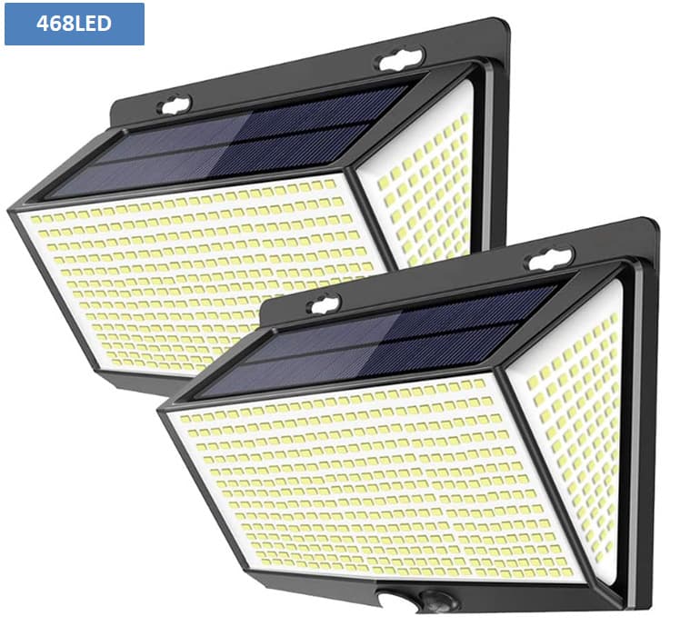 Solar wall light for outdoor courtyard landscape, human motion sensing with 468 LEDs for home pathway and fence lighting