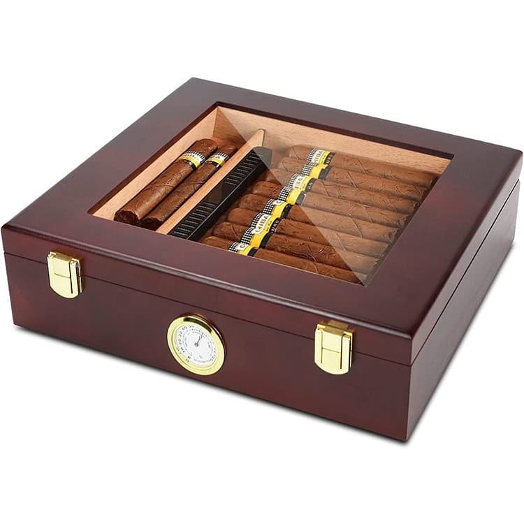 Cross-border Wooden Cigar Humidor with Transparent Glass Display, Large Capacity Cigar Box