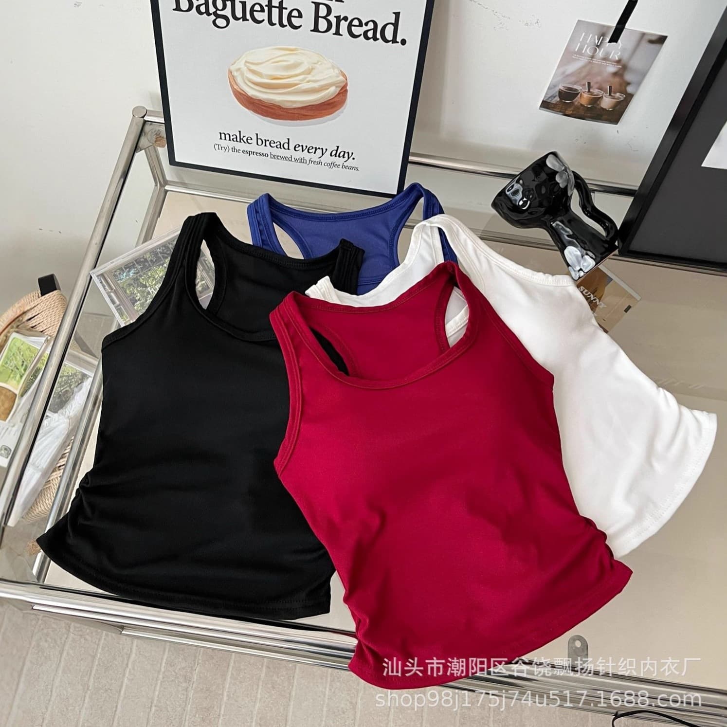 Simple Solid Color Racerback Vest with Pleated Waist and Built-in Pads, Summer Inner Layer Sleeveless Top for Women