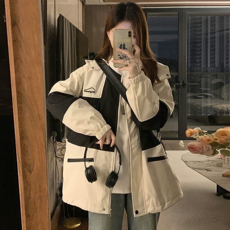 Women's Maillard Windbreaker Jacket 2023 Autumn Winter New Style Windproof Color Blocking Trendy Trench Coat