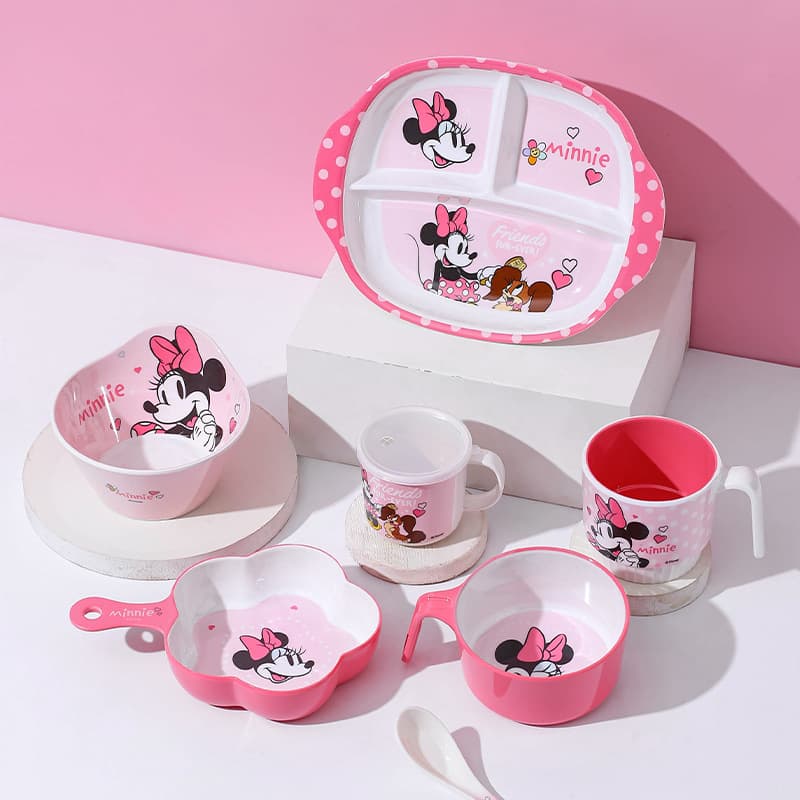 Minnie Kids Divided Plate Bowl with Spoon Handle Cup, Durable Melamine Tableware Set