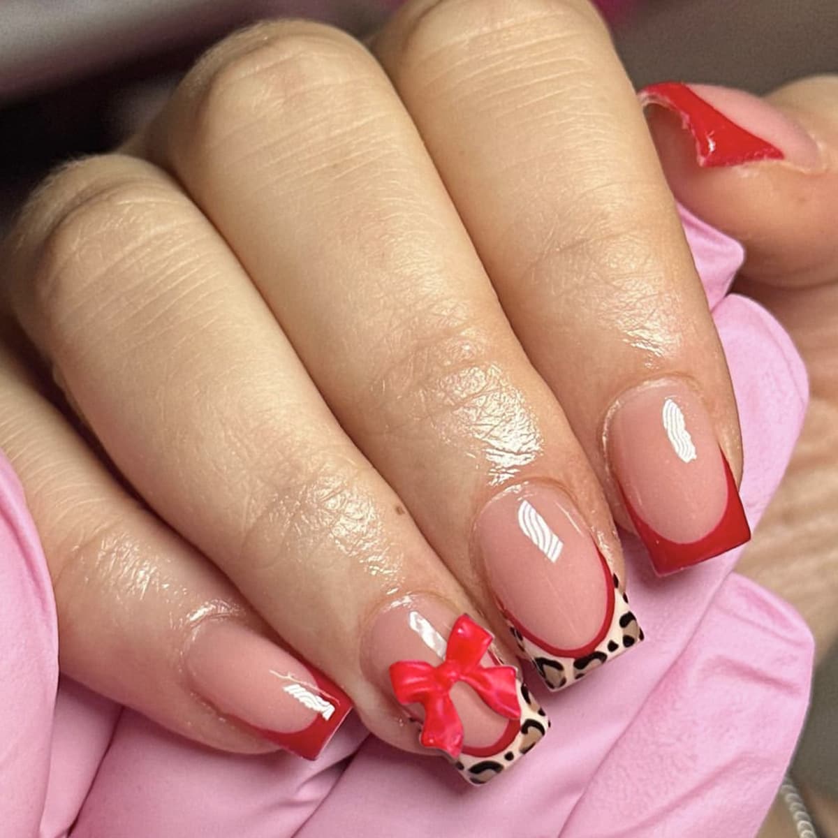 Wearable Nails Red French Tip Leopard Print Contrast Sweet Bow Nail Art Stickers False Nails