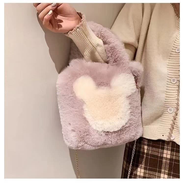 Wholesale Women's Fashion Plush Winter Handbag Shoulder Crossbody Bag Large Capacity Square Bag 3D Chain Mickey Bag Versatile