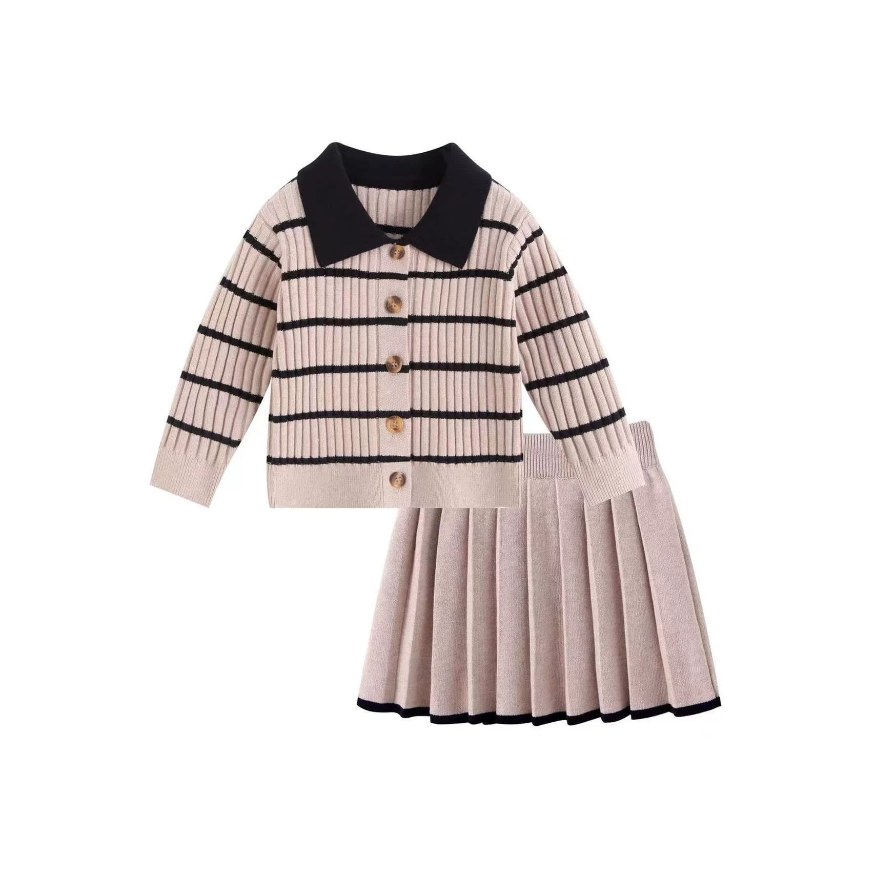 Girls' Preppy Knit Set Spring Autumn New Color-Block Striped Cardigan Sweater Stylish Pleated Skirt Two-Piece Set