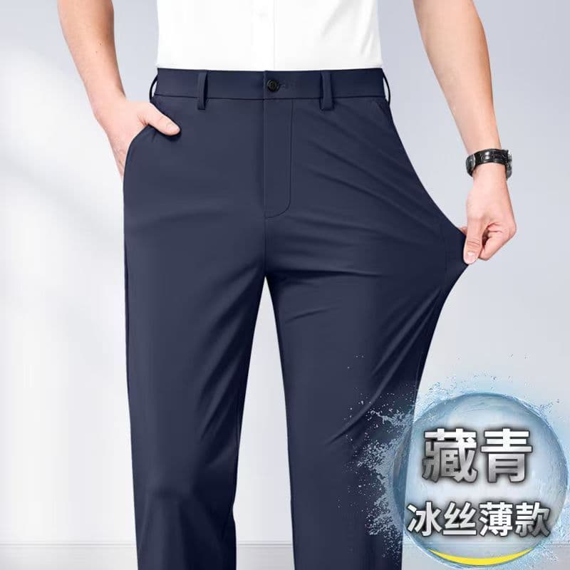 Men's Summer Thin Ice Silk Pants, Business High-End Light Luxury Men's Clothing, High Flow, High Elasticity, High Waist, Straight Leg, Wrinkle-Resistant and Iron-Free