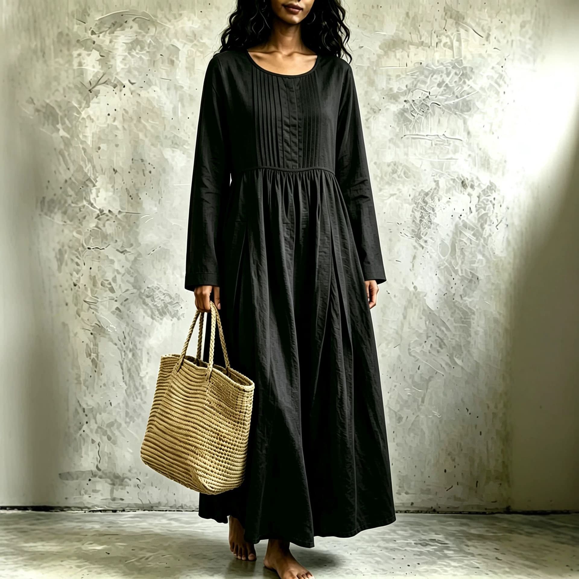 Women's Round Neck Pleated Long Dress for Cross-Border EU/US Market, Solid Color, 3/4 Sleeve, Fashionable Casual Spring/Summer Loose Fit Dress