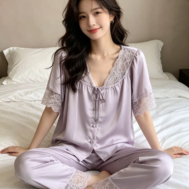 2026 New Sexy Lace Pajamas for Women, Summer High-End Pure Desire Style, Ice Silk with Chest Pads, Short-Sleeve Long Pants Loungewear