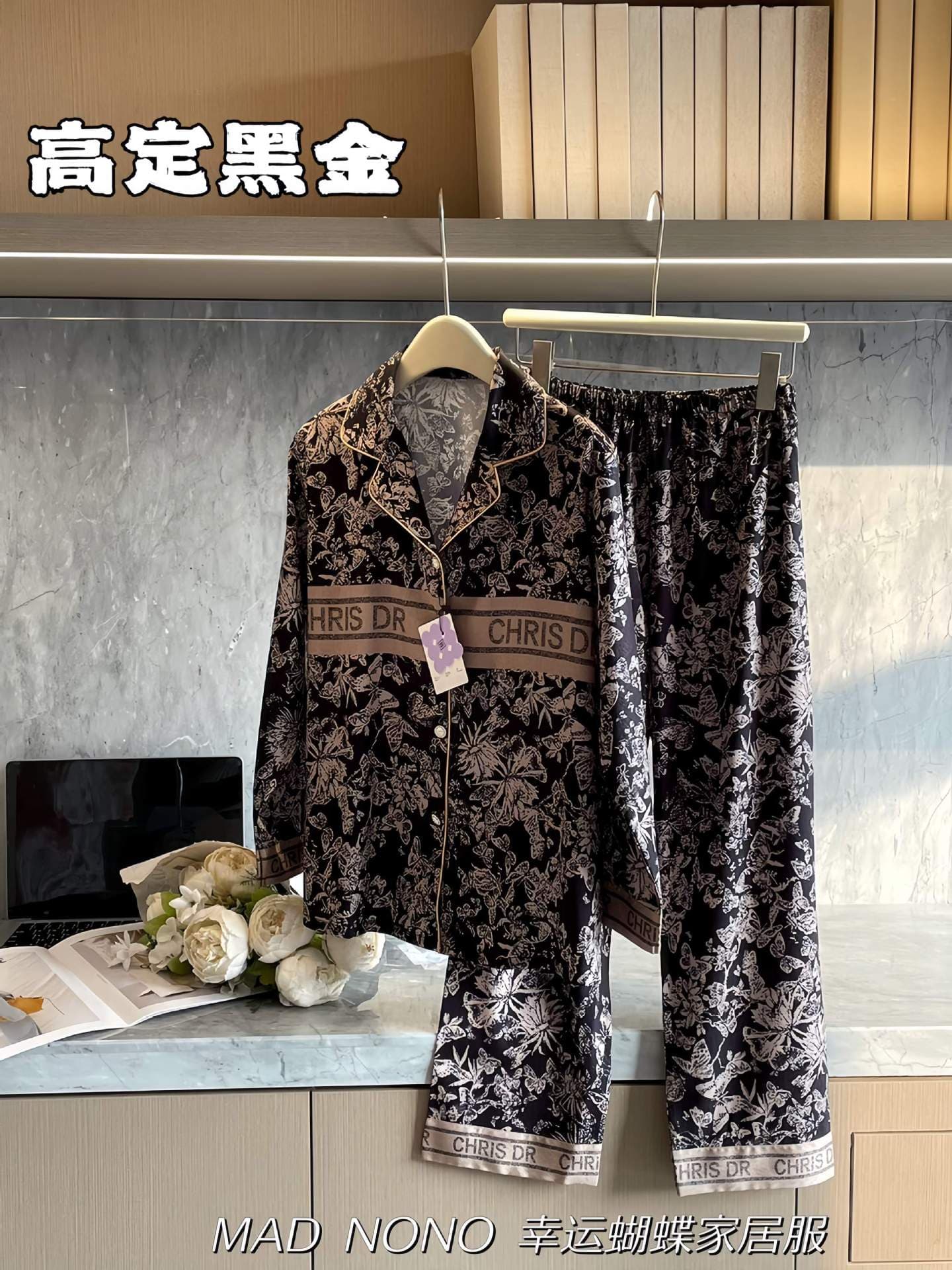 MAD NONO Lucky Butterfly Homewear Set Pajamas for Women Spring/Autumn Satin Chiffon Comfortable Casual Ladies Sleepwear
