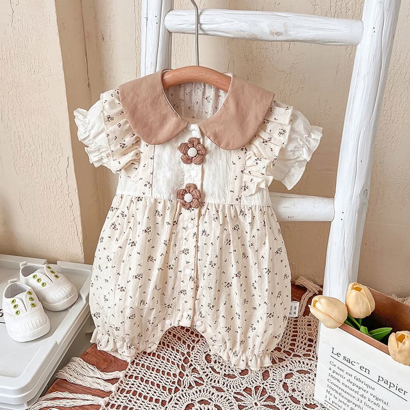 Baby Summer Thin Bodysuit for Newborn Girls, Class A Pure Cotton Floral Short Sleeve Romper, Outing Crawling Suit