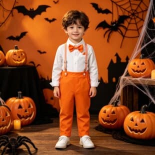 Children's Long Sleeve Shirt with Bow Tie and Suspenders Two-Piece Set, New Halloween Costume for Boys, Big Kids Clothing