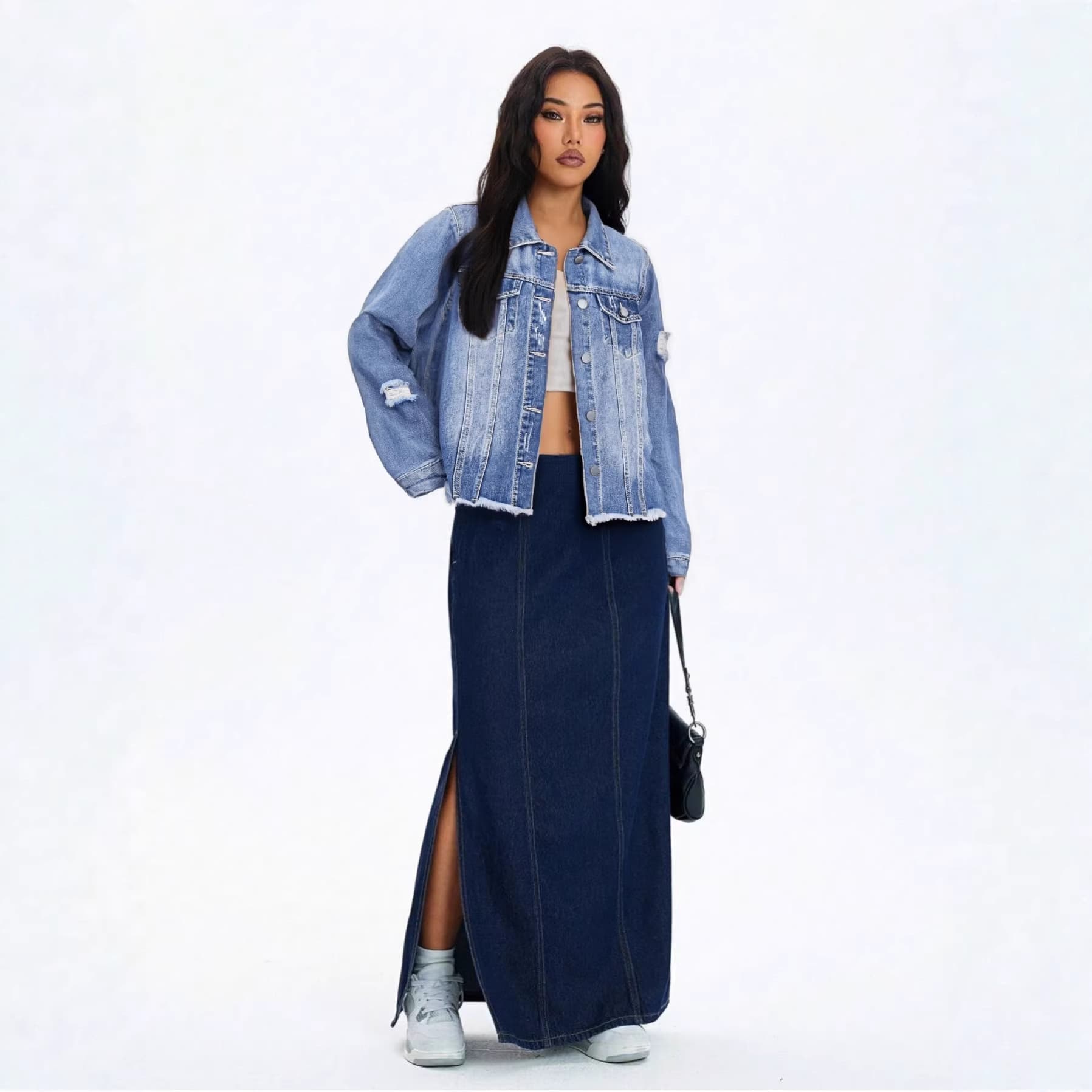 In Stock EU/US Cross-Border Women's Denim Jacket Non-Stretch Washed Distressed Lapel Long Sleeve Denim Top Coat Trendy