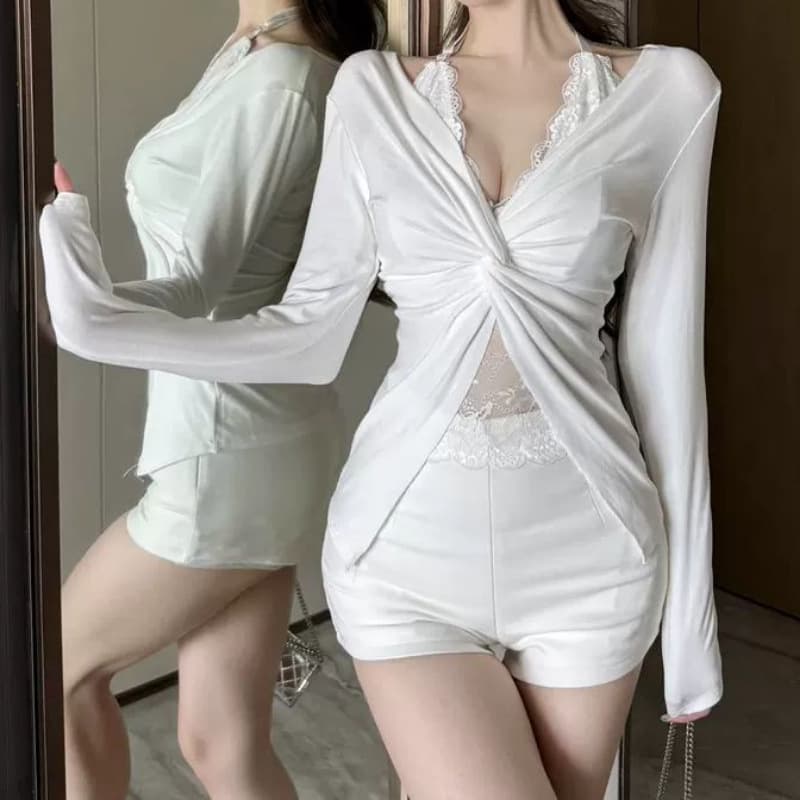Autumn/Winter Hot Girl Lace Trim Fake Two-Piece V-Neck Long-Sleeve T-Shirt for Women, Design-Fitted Slimming Versatile Twist Knot Top