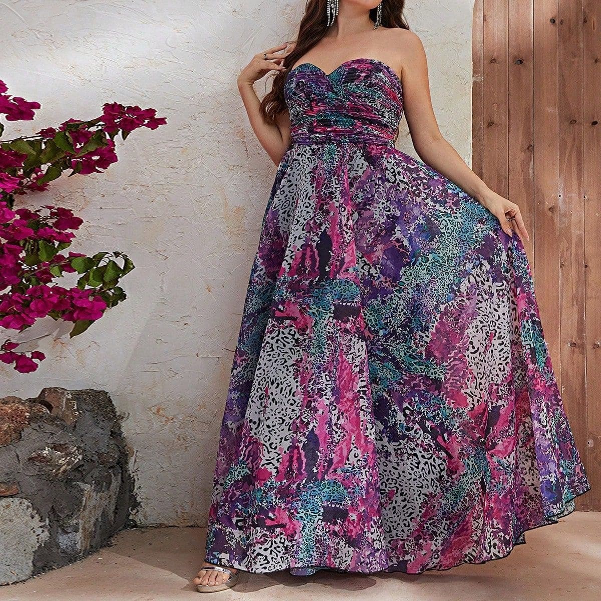 New Plus Size Strapless Dress Chiffon Strapless Printed Sleeveless Long Elegant Dress-FSSN079