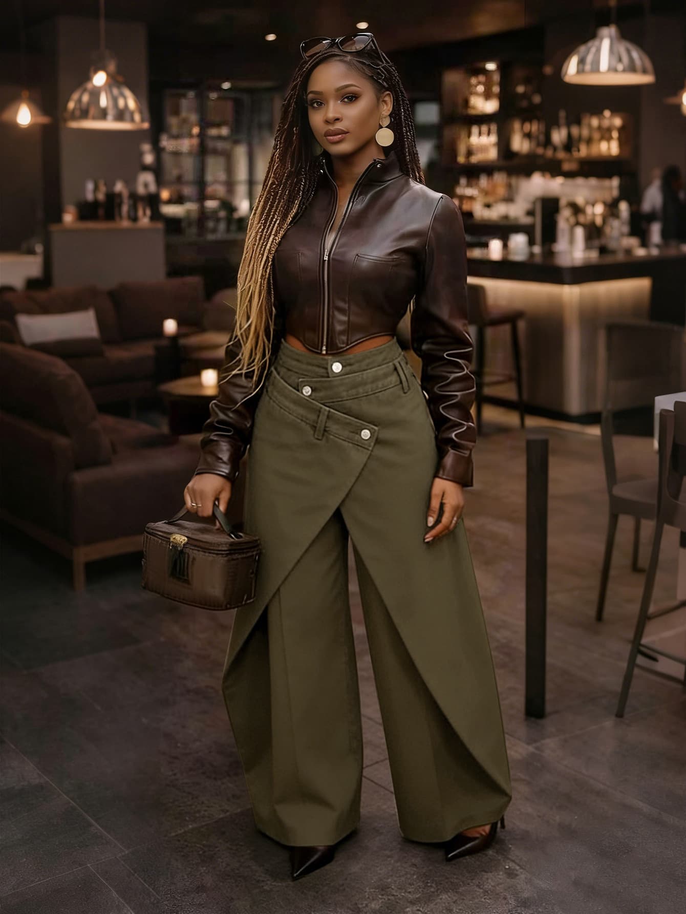 S391529 American Retro Trendy Irregular Wide-Leg Pants High-Waist Cross Metal Buckle Slimming Flowing Long Pants