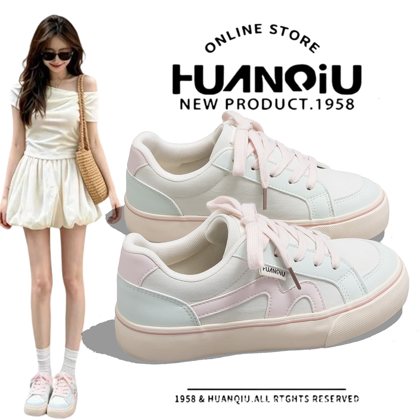 Global White Canvas Shoes for Women Light Green with Pink Soft Leather Flat Gentle Pair with Skirt Lightweight Daily Casual Shoes