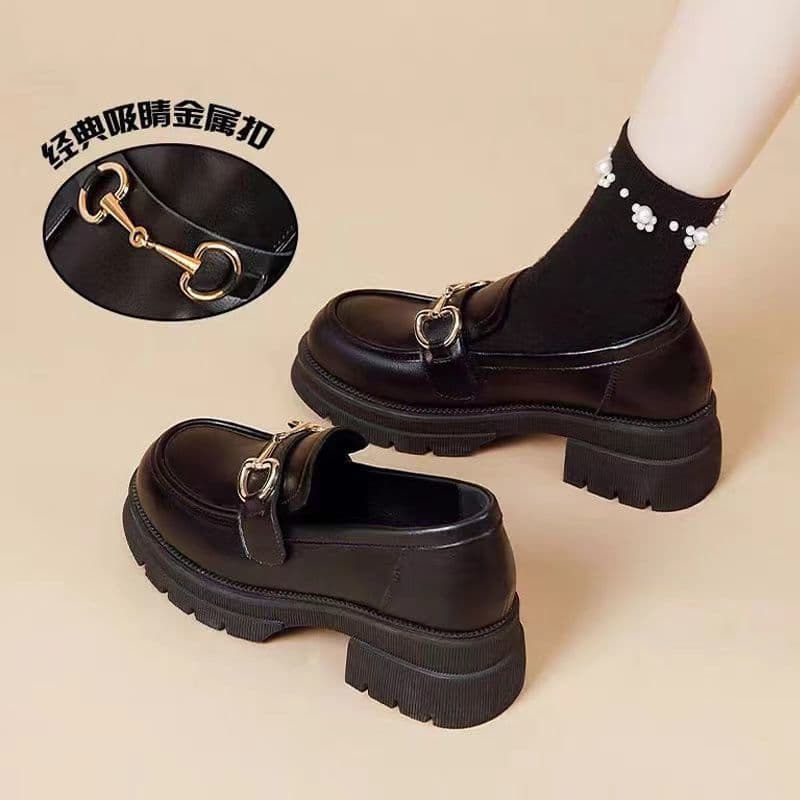 Genuine Soft Leather Thick-Soled Loafers for Women 2024 Autumn New Arrival British Style High Heel Black Soft Thick Heel Leather Shoes