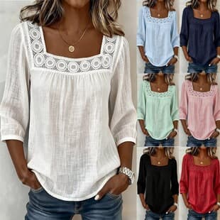 2026 New Summer Solid Casual Square Neck Lace Trim Three-Quarter Sleeve Cotton Linen Blend Blouse for Women