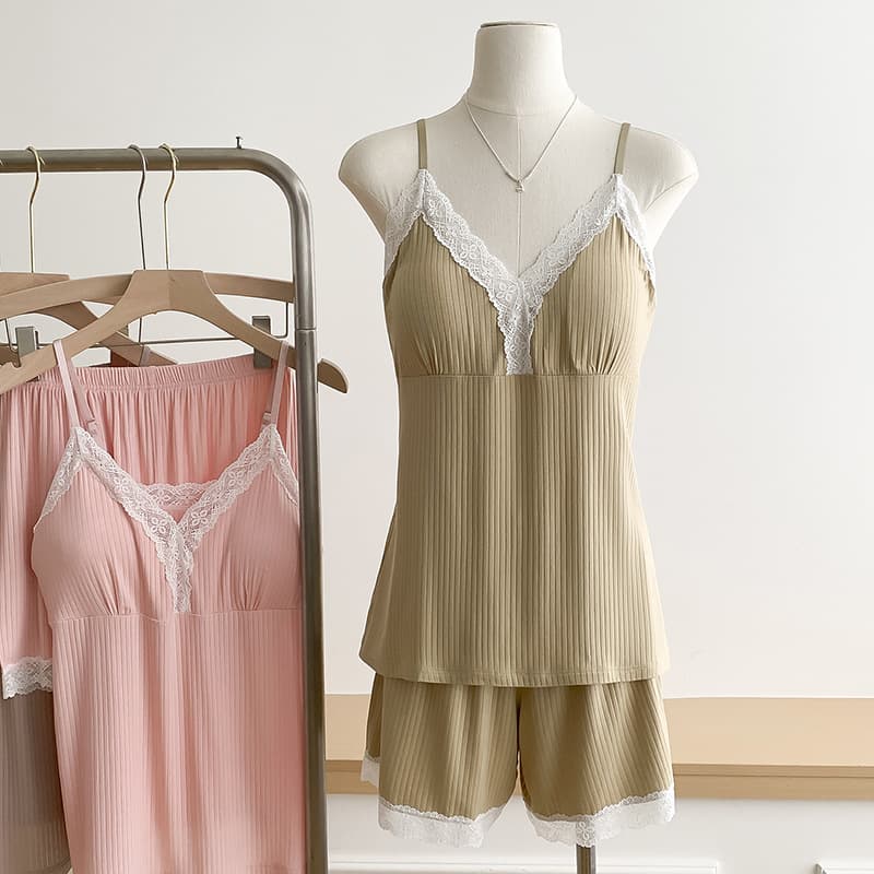 Cross-Border Exclusive Versatile Lace Camisole Pajamas Homewear Girly Style Two-Piece Set with Chest Pads That Can Be Worn Outside