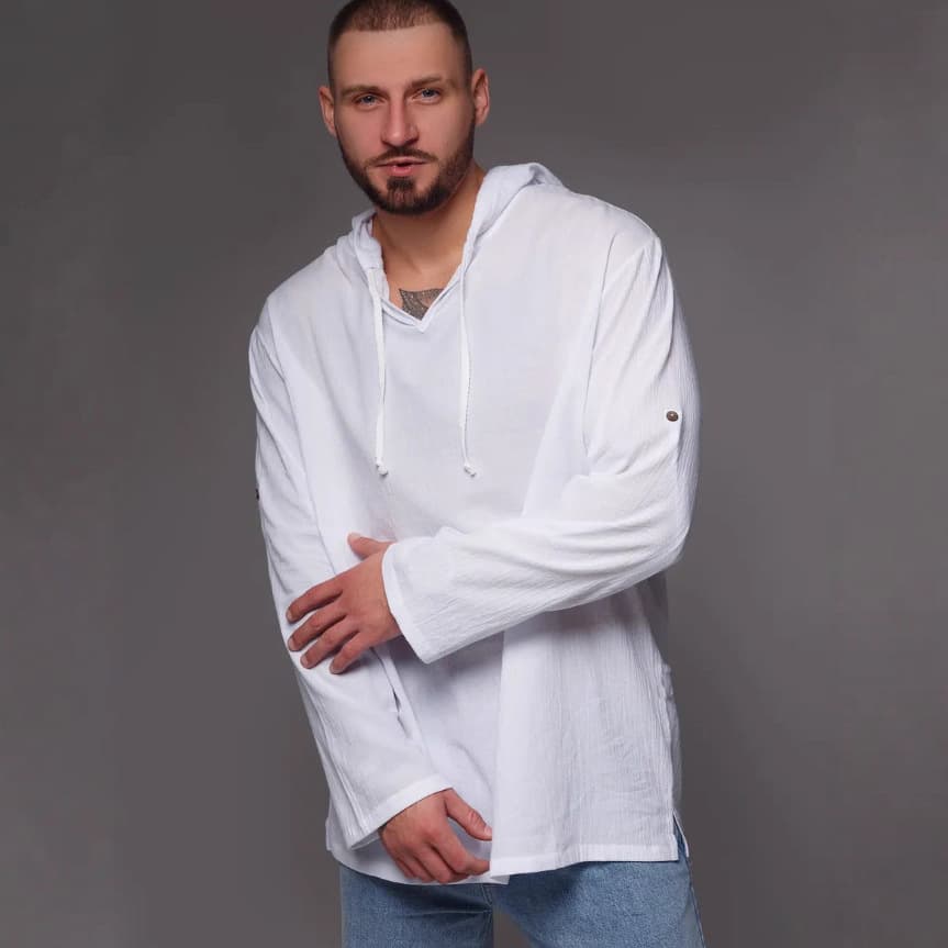 2025 New Cross-Border European and American Men's Long-Sleeve Hooded Linen-Cotton Shirt Outdoor Travel Solid Color Sun Protection Beachwear