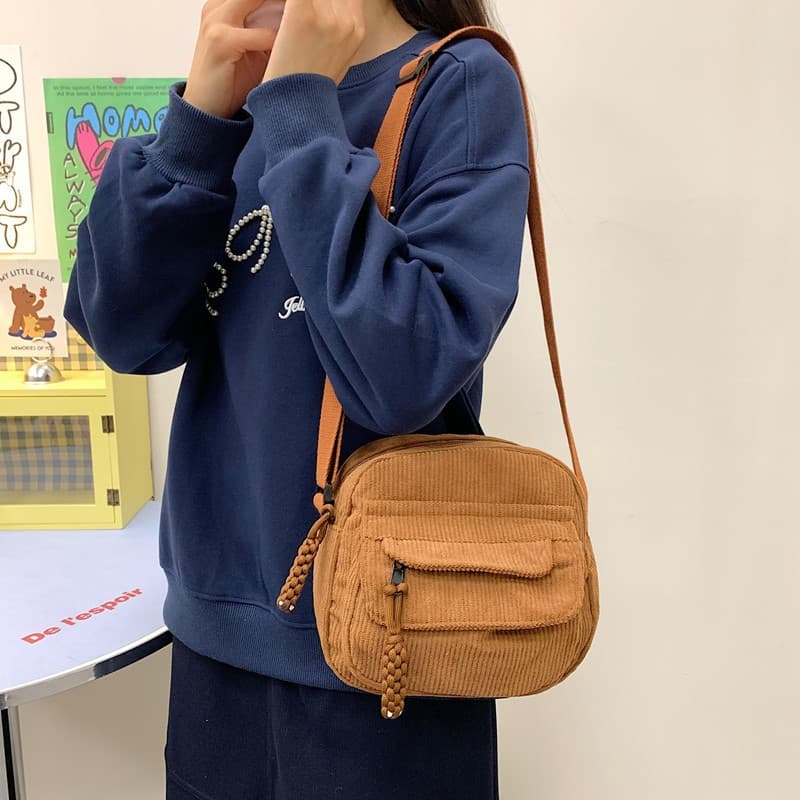 Trendy Corduroy Shoulder Bag 2025 Autumn New Fashion Solid Color INS Campus Style Fresh Girls Small Crossbody Bag
