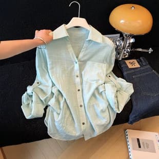 French Casual Long-Sleeve Sun-Protection Shirt for Women, Summer Loose-Fit Polo Neck Versatile Relaxed Cardigan Blouse Thin Top