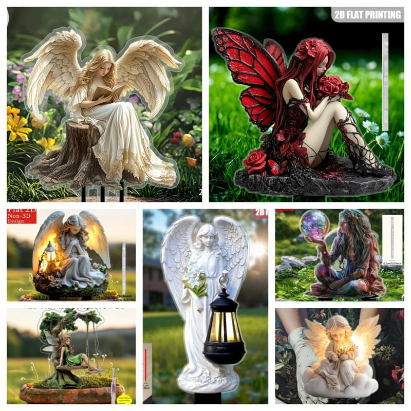 Amazon New Style Angel with Wings 2D Flat Acrylic Garden Planter Decoration Stake Wholesale