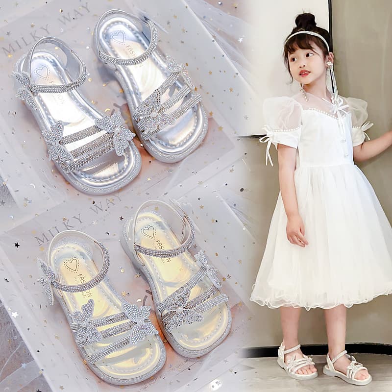 Roman Sandals for Girls Summer 2025 New Fairy Style Little Girl Rhinestone Princess Shoes Korean Bow Sandals
