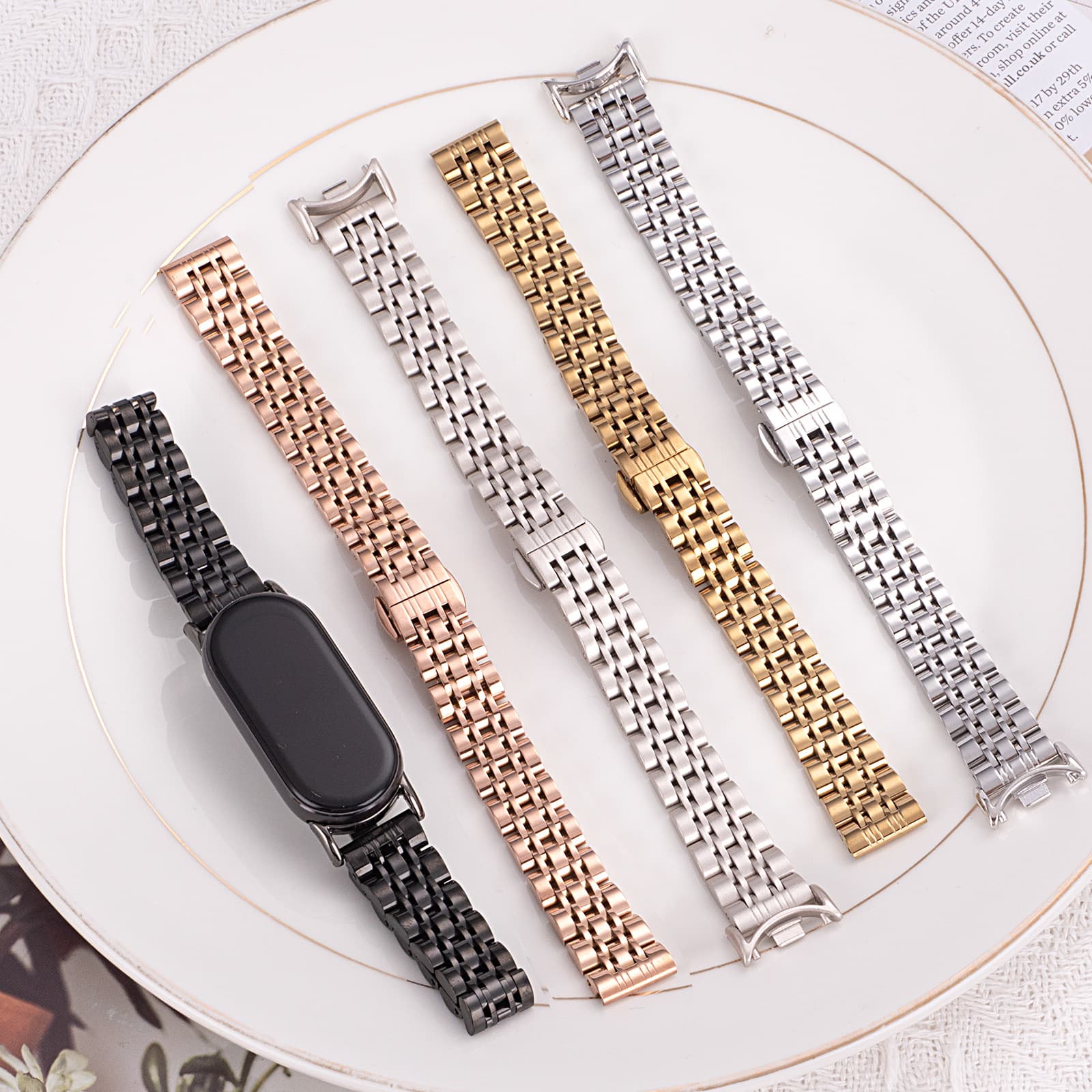 Compatible with Xiaomi Mi Band 9/10 Stainless Steel Seven-Bead Butterfly Buckle Slim Waist Metal 89 Pro Wristband Redmi Watch