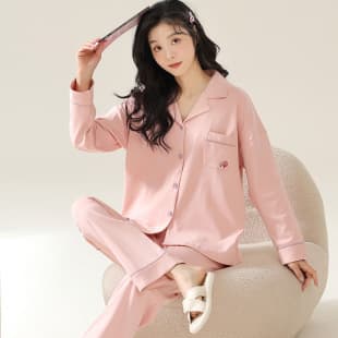 100% Cotton Pajamas Women Spring/Autumn Notch Lapel Cardigan Solid Color Long Pants Long Sleeve Simple Loose Two-Piece Set