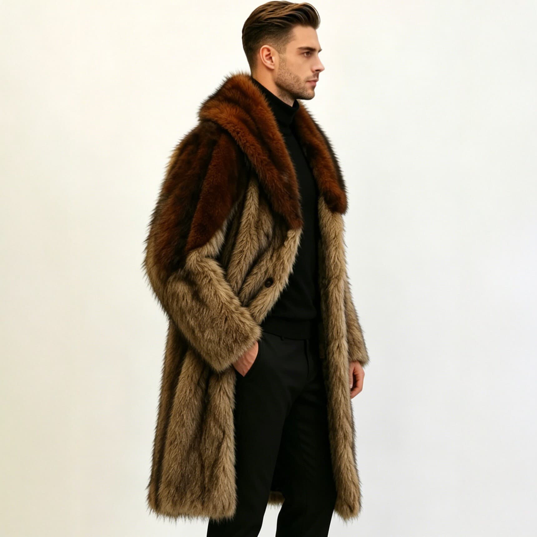 Men's Fur Coat Autumn Winter Warm Jacket Fox Fur Patchwork Two-Tone Long Trench Coat European and American Casual