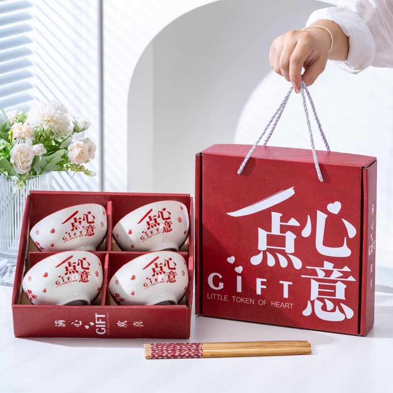 Practical Small Gifts, Bowl and Dish Client Ceramic Tableware Set, Bowl and Chopsticks Set for Meetings, Opening Ceremonies, Cross-Border Business Souvenirs