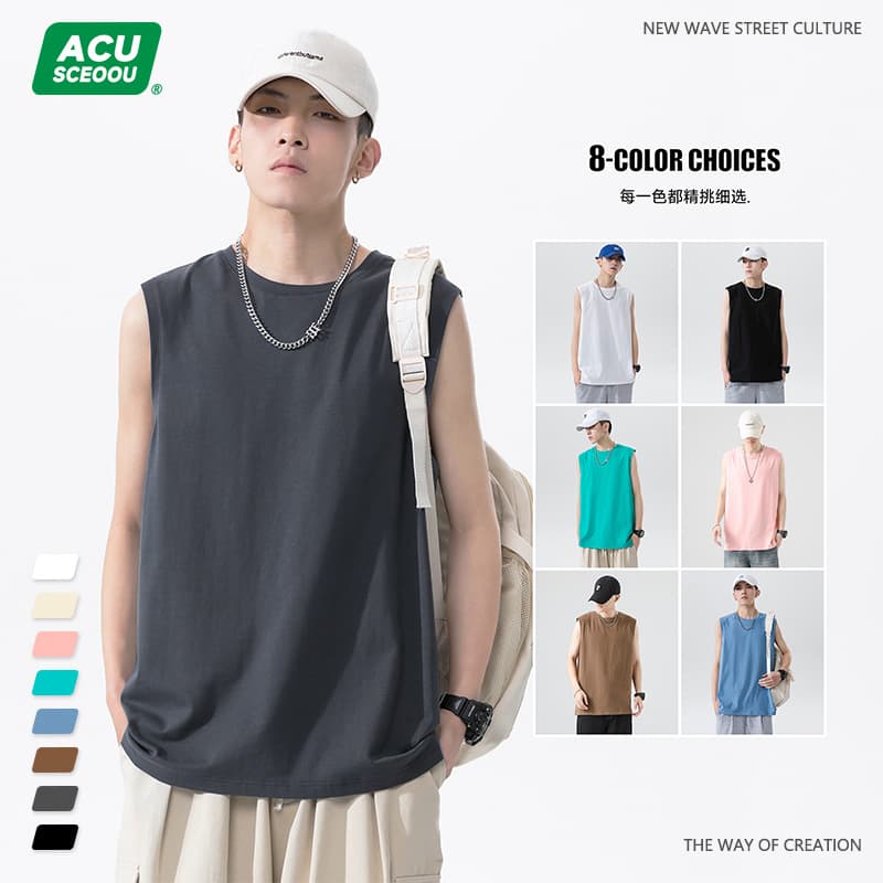 ACU Men's Clothing | Cotton Men's Vest Fashion Brand Sleeveless Solid Color T-Shirt 2026 Summer Loose Versatile Base Top